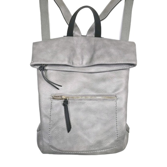 None Handbags - Grey Faux Leather Fold Over Bucket Shoulder Convertible Backpack Purse 6 Pocket